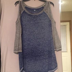 Blue and grey exposed shoulder top